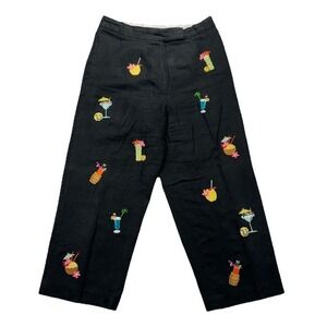 Lily Stanhope 100% Linen Pants Womens 8P Embroidered Cocktails Whimsical 29x22